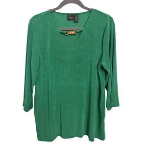 Chico’s Travelers Kelly Green Slinky Stretch 3/4 Sleeve Top Size 2 Large Travel